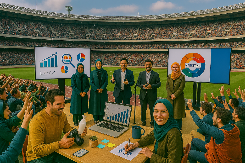 در یک استادیوم بزرگ و پرجمعیت، گروهی از مدیران ایرانی شامل خانم‌هاو آقایان روی صحنه‌ای آموزشی در وسط زمین ایستاده‌اند. دو نمایشگر دیجیتال در کنار صحنه نمودارهای بازاریابی و تحلیل کسب‌وکار را نمایش می‌دهند. تماشاگران با هیجان و دست‌های بالا به سخنرانان نگاه می‌کنند. 