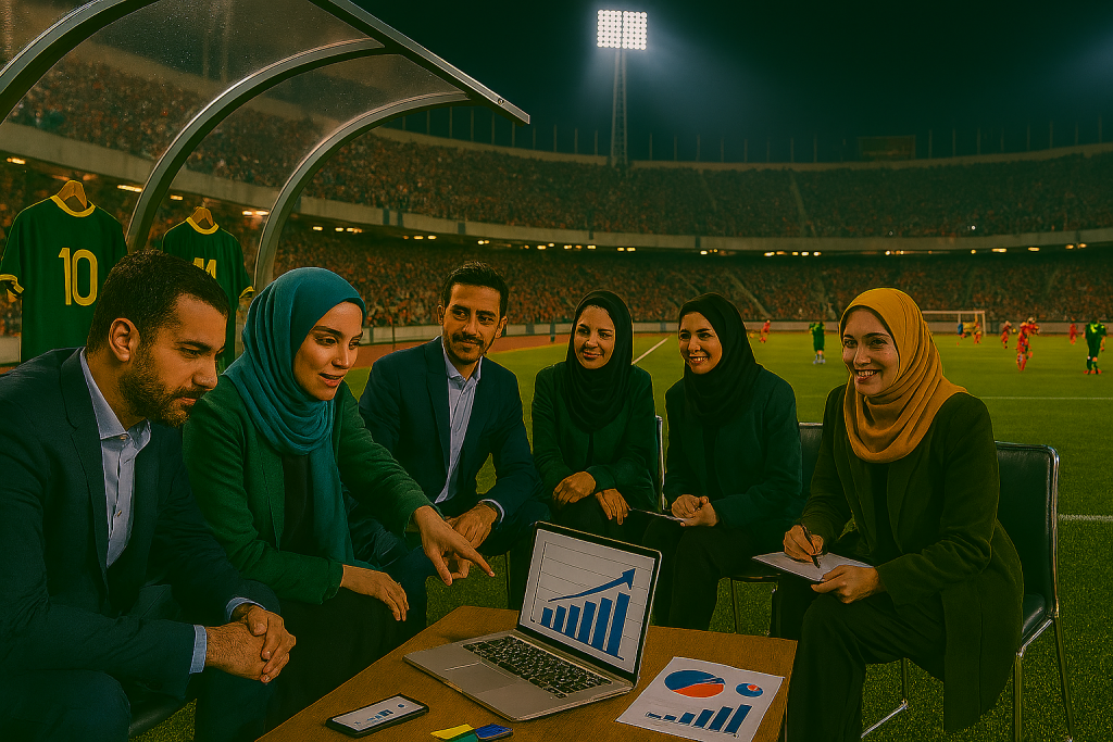 در کنار زمین فوتبال بزرگ در حال مسابقه شبانه، گروهی از مدیران و کارآفرینان ایرانی روی صندلی‌های شیشه‌ای مدرن نشسته‌اند و مثل مربیان فوتبال، استراتژی‌های کسب‌وکار را روی لپ‌تاپ و تخته دیجیتال تحلیل می‌کنند. 
