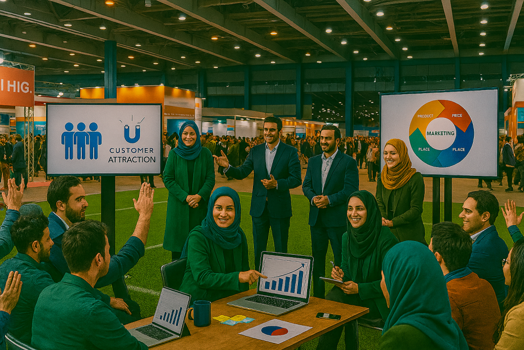 در یک سالن بزرگ نمایشگاه، بخش‌هایی شبیه کلاس آموزشی طراحی شده‌اند. مدیران و کارآفرینان ایرانی شامل خانم‌ها و آقایان در حال آموزش تکنیک‌های جذب مشتری و بازاریابی غرفه هستند. بازدیدکنندگان با هیجان به ارائه توجه می‌کنند. 