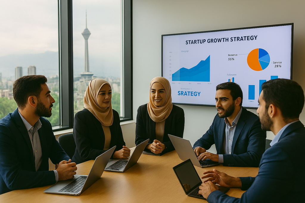 جلسهای پرانرژی در اتاق کنفرانس یک استارتاپ مدرن در تهران، لپتاپها باز هستند و مانیتور بزرگی نمودارهای رشد و آمار استارتاپ را نمایش میدهد. نور طبیعی از پنجرههای بزرگ وارد میشود و در پسزمینه، نمایی از برج میلاد و شهر تهران دیده میشود.