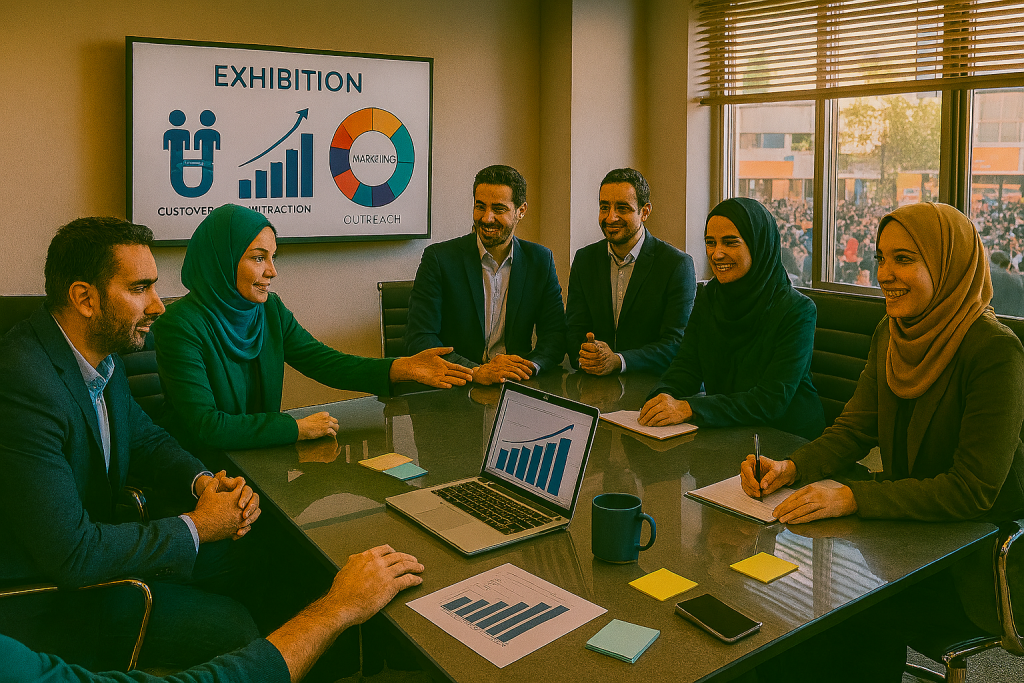 در یک اتاق مدرن با میزهای شیشه‌ای و صندلی‌های مدیریتی، گروهی از مدیران و کارآفرینان ایرانی شامل خانم‌ها با و آقایان در حال برنامه‌ریزی حضور در نمایشگاه هستند. آن‌ها روی لپ‌تاپ و تخته دیجیتال نمودارها و استراتژی‌ها را بررسی می‌کنند. 