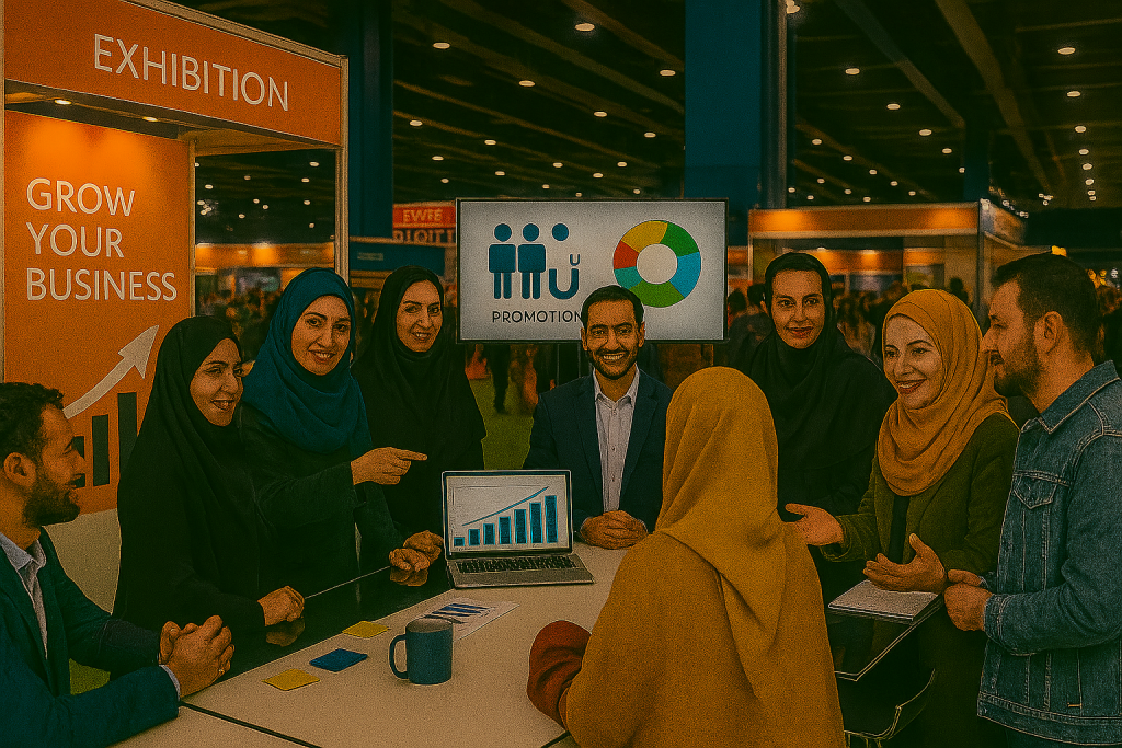 در یک غرفه بزرگ و شلوغ نمایشگاهی با طراحی مدرن و نورپردازی حرفه‌ای، گروهی از مدیران و کارآفرینان ایرانی شامل خانم‌ها و آقایان در حال تعامل با بازدیدکنندگان هستند. نمایشگرهای دیجیتال نمودارهای بازاریابی و جذب مشتری را نشان می‌دهند. 