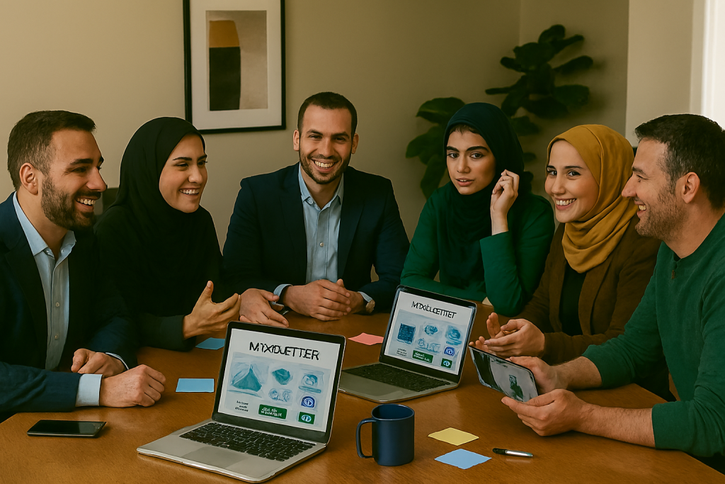 شش عضو تیم بازاریابی ایرانی شامل سه خانم و سه آقا دور میز کنفرانس بزرگی در یک دفتر مدرن نشسته‌اند. همه در حال گفت‌وگو درباره طراحی ایمیل مارکتینگ هستند. روی لپ‌تاپ‌ها و تبلت‌ها قالب‌های تعاملی با عنوان NEWSLETTER نمایش داده می‌شود. 