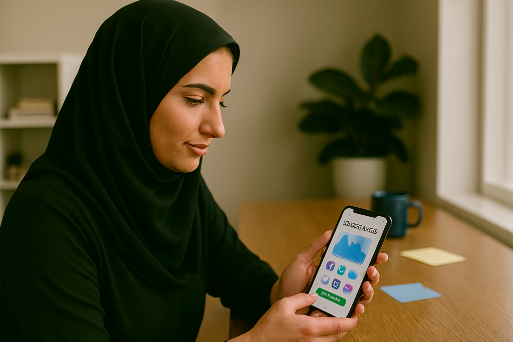 یک خانم ایرانی در حال نگاه کردن به گوشی موبایل خود است. روی صفحه موبایل ایمیلی تعاملی با گرافیک جذاب، آیکون‌های رنگی و دکمه سبز «VIEW DETAILS» نمایش داده می‌شود. 