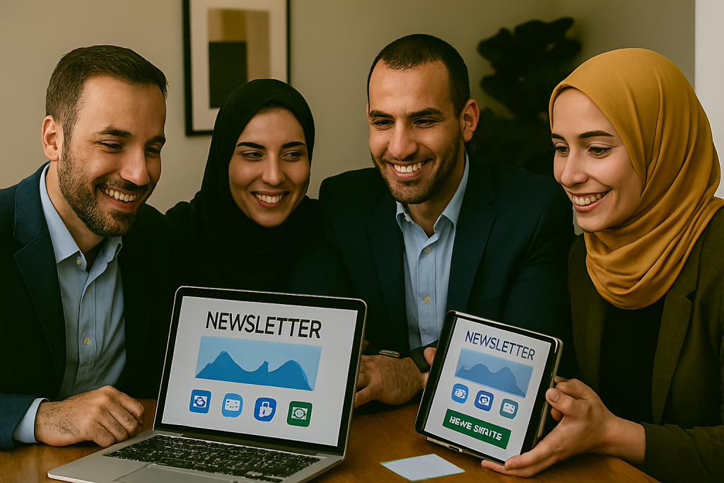 چهار کارآفرین ایرانی شامل دو خانم و دو آقا در یک دفتر مدرن و روشن دور میز چوبی نشسته‌اند. آن‌ها با لبخند طبیعی و نگاه مستقیم به صفحه لپ‌تاپ و تبلت در حال بررسی طراحی یک ایمیل تعاملی حرفه‌ای هستند. 