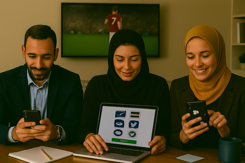 سه نفر ایرانی روی مبل نشسته‌اند و همزمان با پخش زنده مسابقه فوتبال روی تلویزیون، با موبایل و لپ‌تاپ در حال تعامل با محتوا و شبکه‌های اجتماعی هستند.