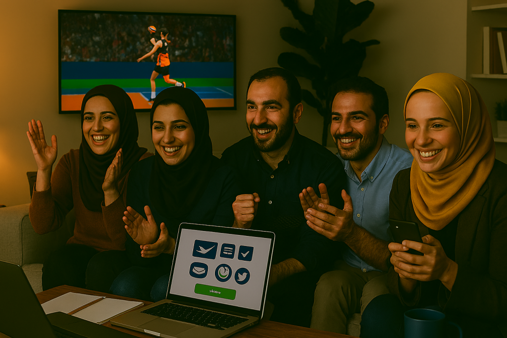 پنج جوان ایرانی در کنار هم در یک خانه یا کافی‌شاپ مشغول تماشای مسابقه والیبال زنده هستند. چهره‌ها با لبخند و هیجان به صفحه نمایش روشن متمرکز شده‌اند.