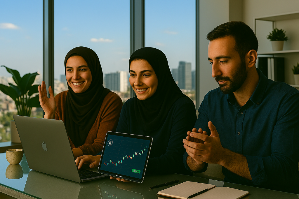 یک خانم و یک آقا در یک دفتر مدرن با پنجره‌های قدی نشسته‌اند و در حال بررسی نمودارهای رمزارز روی لپ‌تاپ و تبلت هستند. 