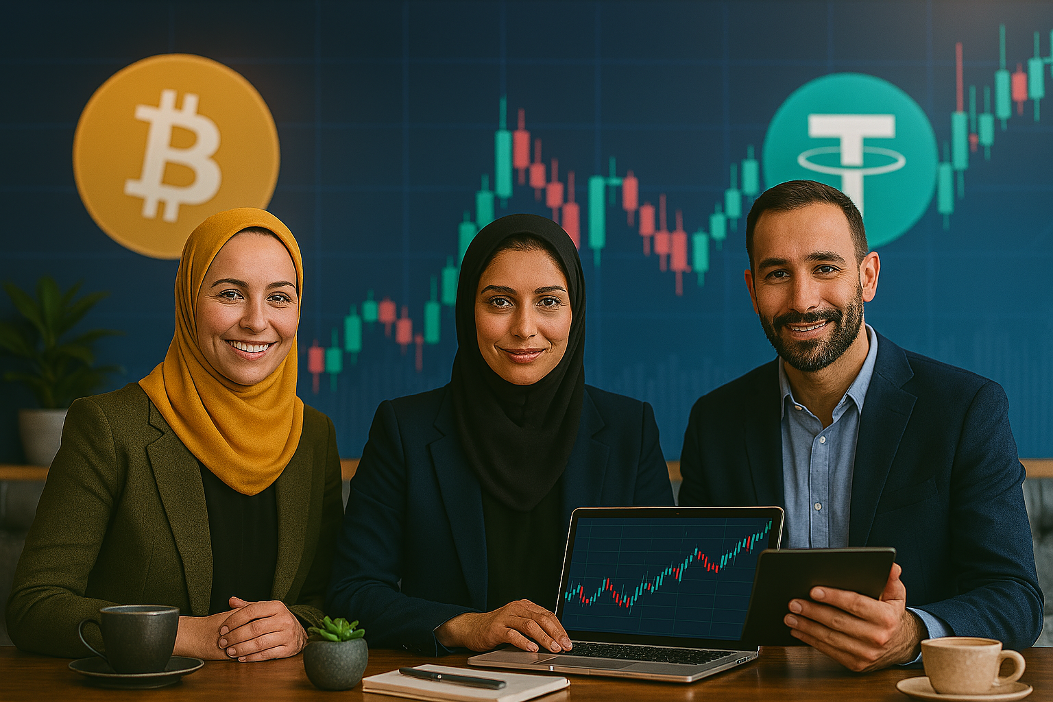 سه فرد ایرانی شامل دو خانم یک آقا در یک فضای کاری مدرن ایستاده‌اند. پشت سر آن‌ها نمادهای بیت‌کوین و تتر، نمودارهای کندل‌استیک و خطوط روند رمزارزها روی پس‌زمینه دیجیتال دیده می‌شود.