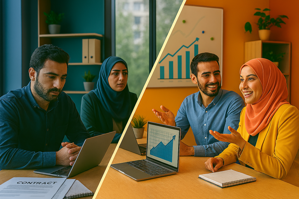 تصویری مفهومی از یک تیم استارتاپی ایرانی در فضای کار اشتراکی که بهصورت نمادین به دو نیمه تقسیم شده است: سمت چپ با رنگهای سرد و چهرههای جدی، نشاندهنده چالشها و مدارک قانونی روی میز؛ سمت راست با رنگهای گرم، نمودار صعودی روی لپتاپ و چهرههای امیدوار، نماد فرصتها و رشد. خانمها با مانتو و شال رسمی و رنگی، آقایان با پوشش کاری ساده، در محیطی مدرن و پرانرژی نشستهاند.