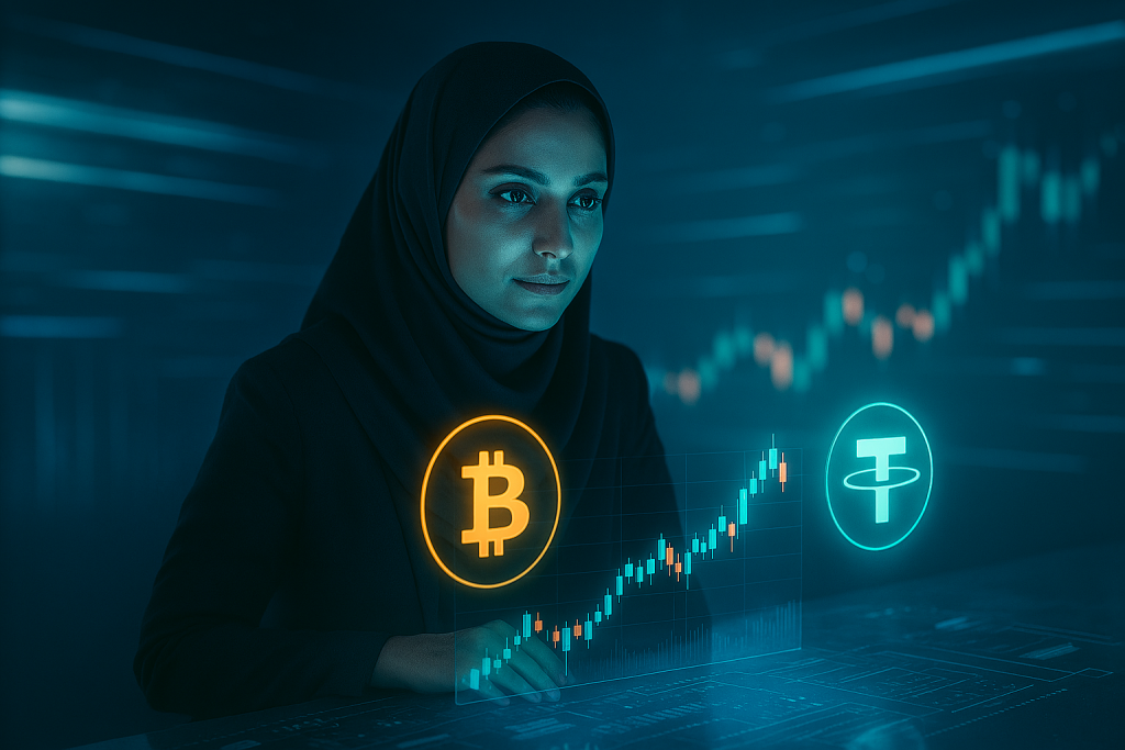 یک خانم در محیطی آینده‌نگر با نور آبی و سفید ملایم نشسته است. نمودارهای بیت‌کوین و تتر به شکل هولوگرافیک شناور در هوا دیده می‌شوند. نور هولوگرافیک روی چهره‌اش افتاده و حالت صورتش کنجکاو، مصمم و طبیعی است. 