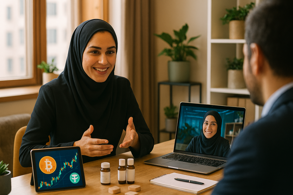 یک کارمند خانم پشت میز نشسته و با لبخند از طریق ویدئو کال با یک مشتری مرد ایرانی مشاوره می‌دهد. روی میز لپ‌تاپ، تبلت، دفترچه یادداشت و نمونه محصولات کوچک دیده می‌شود. 