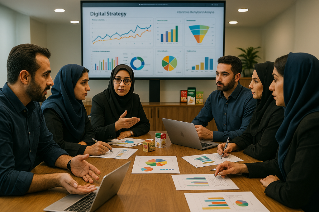 شش فرد حرفه‌ای ایرانی دور یک میز بزرگ در اتاق جلسه‌ای مدرن نشسته‌اند. روی میز لپ‌تاپ‌های نقره‌ای، نمودارهای رنگی چاپ‌شده، گزارش‌های فروش آنلاین، قلم و کاغذ، و بسته‌بندی محصولات دیده می‌شود. افراد در حال بحث و تبادل نظر هستند.