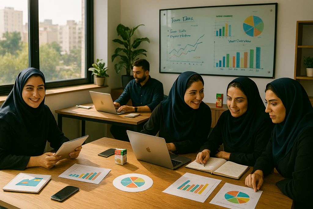  نمایی از یک دفتر مدرن و خلاق در فضای شهری ایران در صبحی آفتابی، با نور طبیعی که از پنجره بزرگ وارد می‌شود. چند کارمند زن با حجاب کامل و مردان بدون کراوات در حال همکاری و تعامل حرفه‌ای هستند. میزهای چوبی با لپ‌تاپ، تبلت، گوشی هوشمند، بسته‌بندی محصولات، دفترچه‌های برنامه‌ریزی و نمودارهای چاپ‌شده پوشیده شده‌اند. 