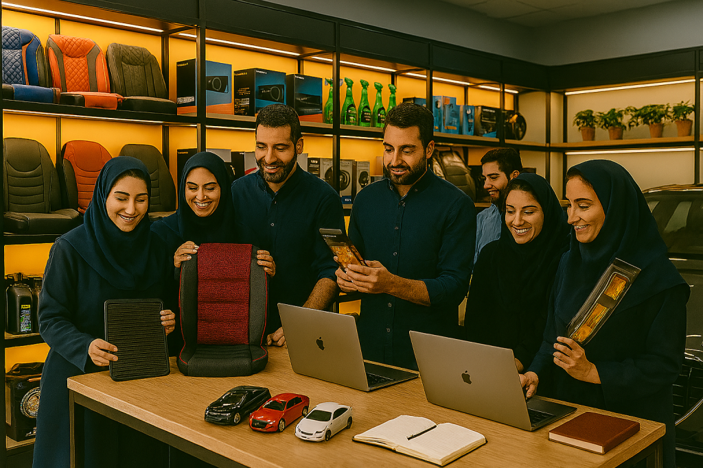 فضای فروشگاه لوازم جانبی خودرو با مشتریان واقعی را نشان میدهد. ۶ نفر در فروشگاه مدرن و روشن ایستادهاند همه در حال مشاهده و مقایسه محصولات با چهرههای خندان و لبخند هستند. قفسهها مرتب و پر جنبوجوش هستند، پر از روکش صندلیهای رنگارنگ، سیستمهای صوتی، محصولات مراقبت خودرو و چراغهای خودرو. فروشگاه با نور روشن، طراحی مدرن و محیط منظم یک بازار حرفهای پر جنبوجوش را منتقل میکند.