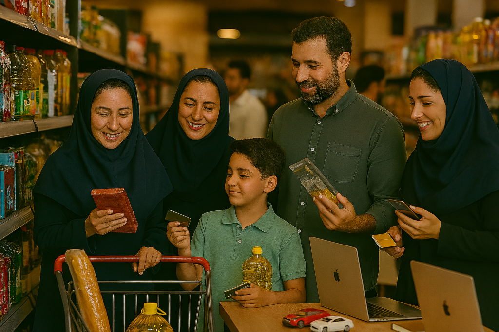 یک خانواده ایرانی شامل پدر، مادر، دختر جوان و پسر کودک در حال خرید از فروشگاه مدرن با استفاده از سهام عدالت و کالابرگ هستند. 