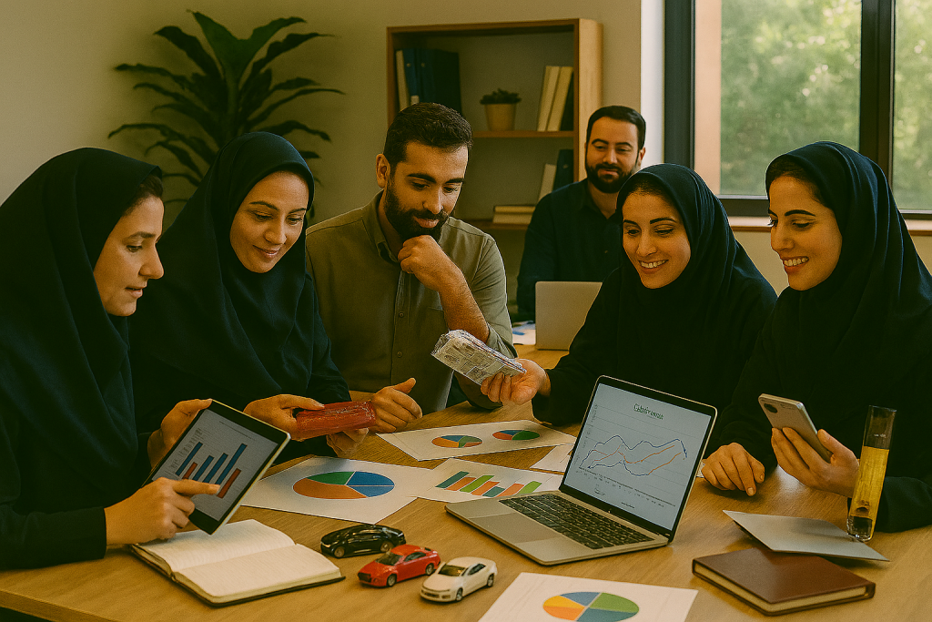 تیم کوچک کسب‌وکار ایرانی شامل سه خانم و دو آقا، در دفتر مدرن و روشن با نور طبیعی از پنجره، در حال بررسی داده‌های فروش و تحلیل بازار مرتبط با سهام عدالت و کالابرگ هستند.