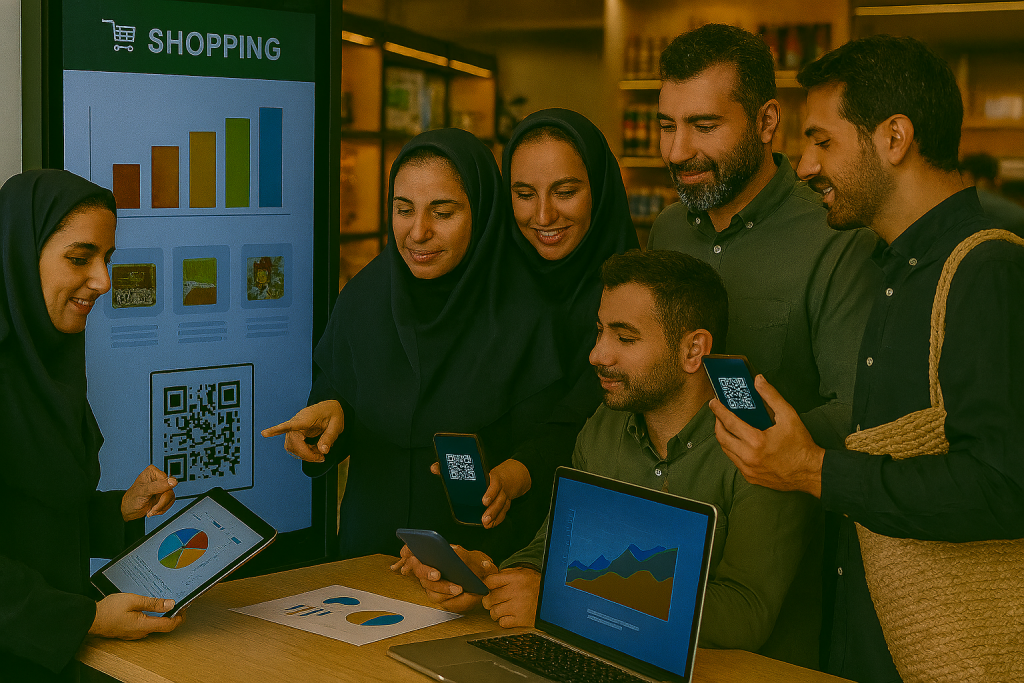 چهار مشتری ایرانی در فروشگاه مدرن در حال استفاده از کیوسک دیجیتال فروش هستند. 