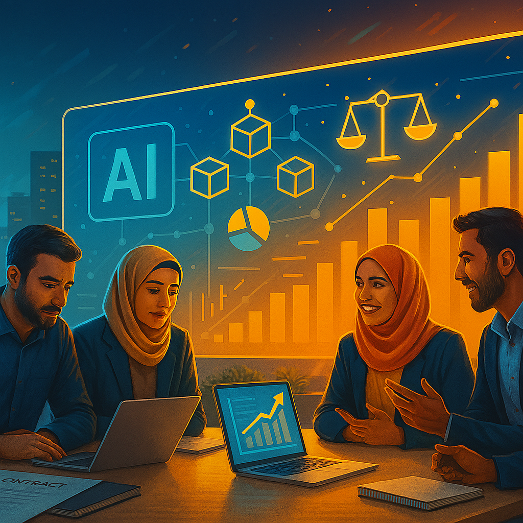 چهار جوان ایرانی با پوشش رسمی (خانمها با حجاب شیک، آقایان بدون کراوات) در حال کار تیمی با لپتاپ و تبلت در فضای شهری مدرن. در پسزمینه، صفحهنمایش بزرگی با نمادهای هوش مصنوعی، بلاکچین، نمودارهای اقتصادی و قوانین دیجیتال دیده میشود. نورپردازی آبی و طلایی، حس آیندهنگری و تحول دیجیتال را القا میکند. برج میلاد در دوردست قابل مشاهده است.