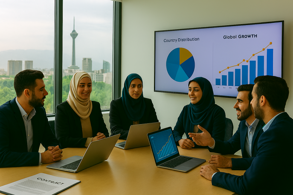 جلسه‌ای حرفه‌ای در اتاق کنفرانس مدرن ، جایی که گروهی از کارآفرینان ایرانی دور میز بزرگی نشسته‌اند. لپ‌تاپ‌ها باز هستند و مانیتور بزرگی نمودارهای توزیع کشوری و رشد جهانی استارتاپ را نمایش می‌دهد. در پس‌زمینه، نمایی از برج میلاد و شهر تهران دیده می‌شود. فضا پر از تمرکز، تعامل و انرژی مثبت است.
