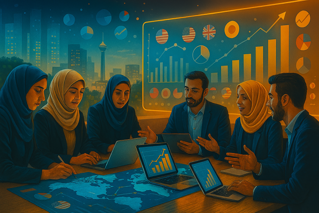 تیم استارتاپی ایرانی ، دور میز کنفرانس بزرگی نشسته‌اند. روی میز نقشه جهان و نمودارهای دیجیتال تعاملی دیده می‌شود، و نمایشگرهای شیشه‌ای در پس‌زمینه آیکون‌های بازار جهانی مانند پرچم‌ها، نمودارهای صعودی و نمادهای تکنولوژی را نمایش می‌دهند. اعضای تیم در حال بررسی داده‌ها با لپ‌تاپ، تبلت و تعامل دستی هستند. نورپردازی روشن و رنگارنگ، فضای حرفه‌ای و واقع‌گرایانه‌ای از همکاری، نوآوری و تلاش را به تصویر می‌کشد.
