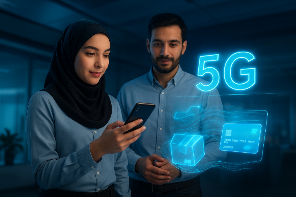 خانم و آقایی در حال کار با فناوری 5G.