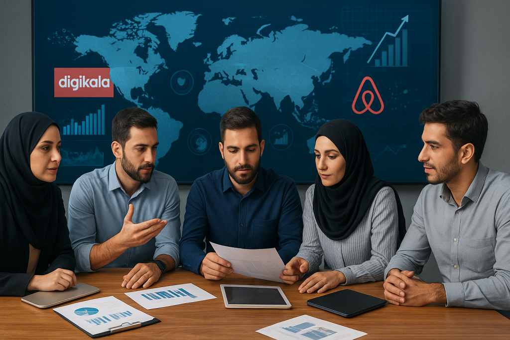 یک صحنه از استارتاپ‌ها در حال بررسی بازارهای بین‌المللی، میز کنفرانس بزرگ با نمودارها، لپ‌تاپ‌ها و تبلت‌ها، دو گروه از کارکنان در حال بحث و ارائه داده‌ها، یک گروه ایرانی (نماد دیجی‌کالا) و یک گروه جهانی (نماد Airbnb) با تفاوت‌های فرهنگی