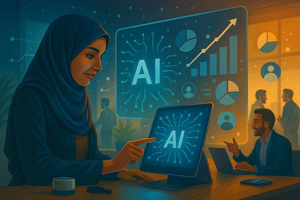 خانمی در حال تعامل با یک نمایشگر لمسی هوشمند است. اطراف او نمودارها و نمادهای سه‌بعدی و شناور از هوش مصنوعی، از جمله گراف‌های صعودی، آیکون‌های شخصی‌سازی و شبکه‌های داده دیده می‌شود.در پس‌زمینه، دو مرد در حال گفت‌وگو هستند. تصویر حس تعامل طبیعی با تکنولوژی، شخصی‌سازی تجربه مشتری و آینده‌نگری را منتقل می‌کند.
