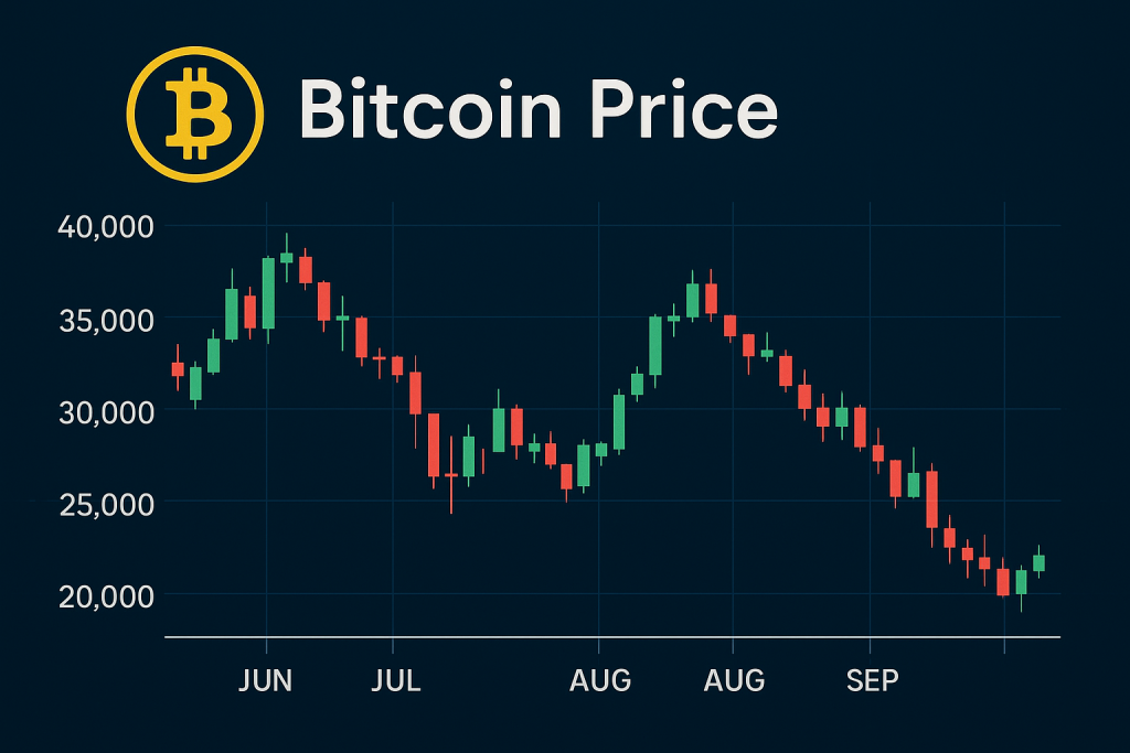 نمودار خطی یا شمعی (candlestick chart) که روند قیمت بیت کوین در ماه‌های اخیر 