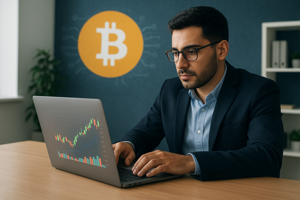 یک کارآفرین یا مدیر استارتاپ در حال بررسی لپ‌تاپ با نمودارهای دیجیتال و نماد بیت کوین 