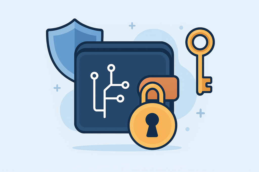 تصویری که یک کیف پول دیجیتال، امنیت و محافظت از دارایی‌ها را نشان می‌دهد (مثل تصویر کارت دیجیتال با قفل یا کلید).