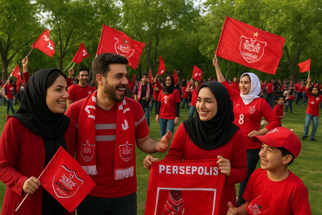 هواداران پرسپولیس در فضای باز هنگام برگزاری رویداد ویژه، ترکیبی از فعالیت‌های تعاملی مثل عکس گرفتن، بازی‌های کوچک و گفتگو.
