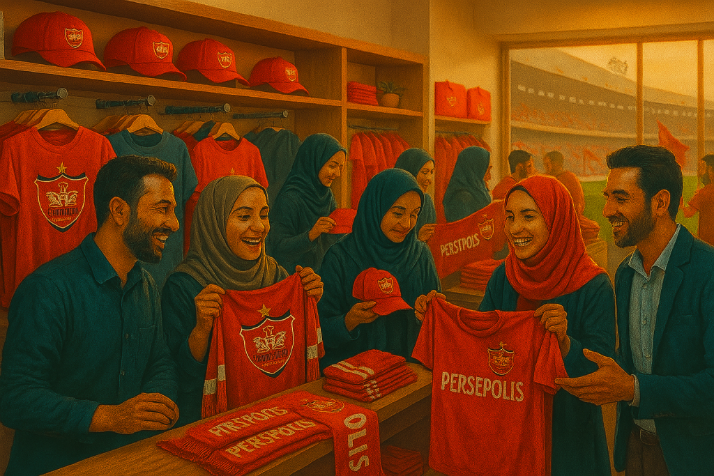 هواداران باشگاه پرسپولیس در یک فروشگاه رسمی در حال مشاهده و خرید محصولات هواداری هستند، مردم، پیراهن‌ها، شال‌ها و کلاه‌های قرمز با لوگوی باشگاه را بررسی می‌کنند. قفسه‌های چوبی با چیدمان منظم، نورپردازی طبیعی و گرم، و جزئیات دقیق محصولات، حس وفاداری و تعلق خاطر به باشگاه را به‌خوبی منتقل می‌کند. 