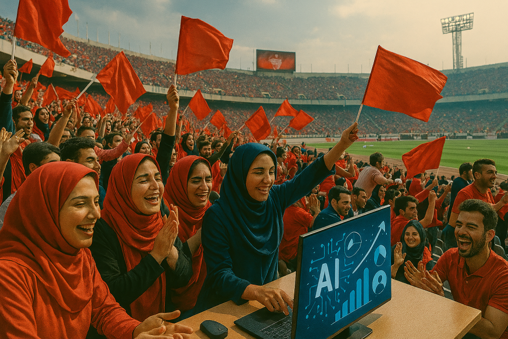 هواداران پرسپولیس در استادیوم آزادی در حال تشویق پرشور هستند. پرچم‌های قرمز را در هوا تکان می‌دهند. چهره‌ها پر از شادی و هیجان است، دست‌ها در حال حرکت و فریادها در حال اوج گرفتن. زمین فوتبال و معماری استادیوم در پس‌زمینه دیده می‌شود.