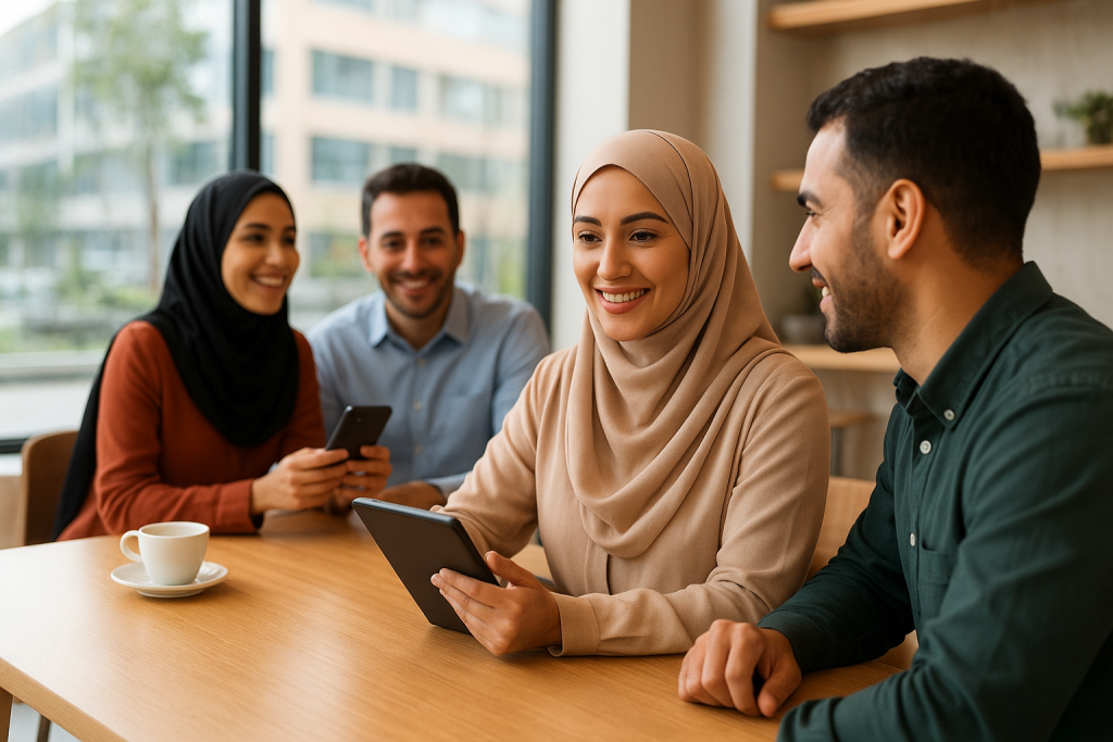 صحنه یک مشاور فینتک ایرانی با مشتریان، خانم‌ها آقایان، در یک کافه مدرن، استفاده از تبلت و گوشی هوشمند برای نمایش اپلیکیشن‌های مالی.

