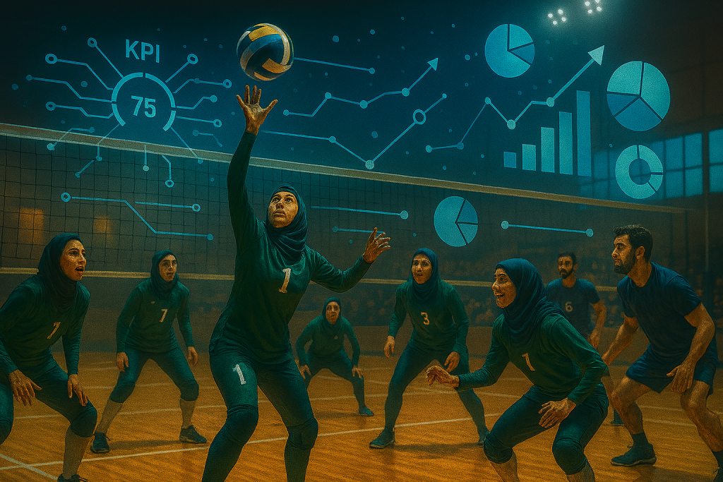 تیم والیبال در حال بازی در سالن سرپوشیده هستند. بازیکنان با تمرکز بالا در حال اجرای تاکتیک‌های تیمی‌اند. بالای زمین، هولوگرام سه‌بعدی دیجیتال شامل نمودارهای KPI، چارت‌ها، فلش‌ها و خطوط تاکتیکی دیده می‌شود که بازیکنان را به هم متصل می‌کند.