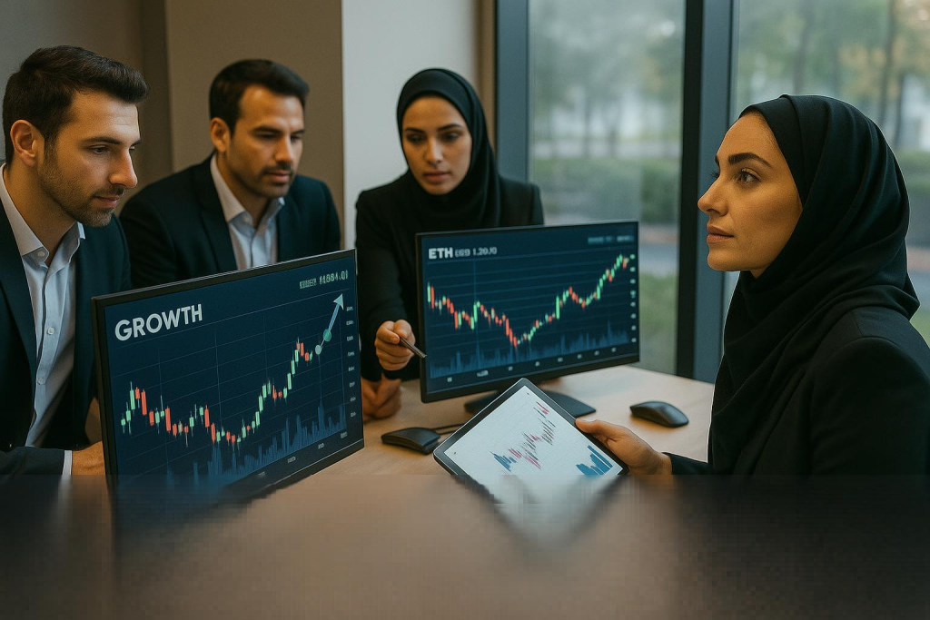 جلسه تحلیل بازار رمزارز با حضور مدیران واقعی؛ دوخانم و دو اقا در حال بررسی نمودارهای بیت‌کوین و اتریوم روی مانیتور و تبلت، در اتاقی مدرن با نور طبیعی.