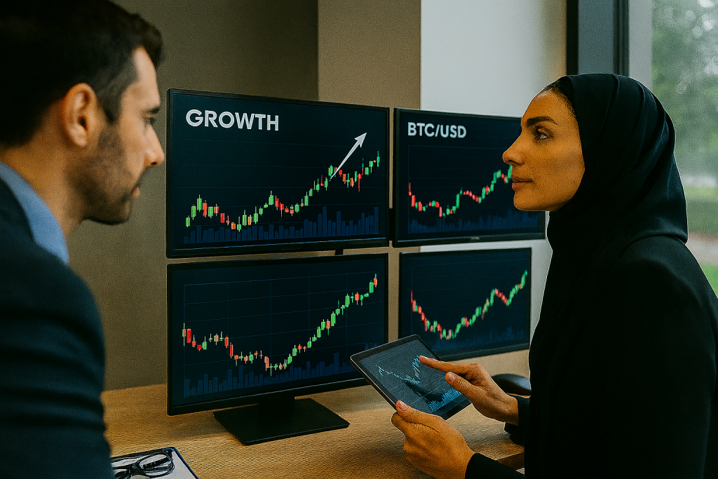 خانم مدیر اقای مدیر مرد اتاق مدیریت مدرن، در حال بررسی نمودارهای نوسانات رمزارز روی چند مانیتور؛ تمرکز بر تحلیل داده‌ها و تصمیم‌گیری سریع برای مدیریت ریسک هستند.
