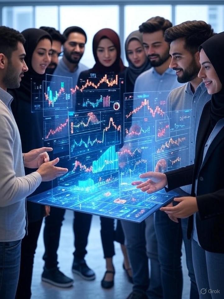 تصویر مفهومی از آینده فینتک در ایران، خانم‌ها و آقایان در فضای مدرن و تکنولوژیک، نمودارها و نمودارهای سه‌بعدی شناور در هوا.
