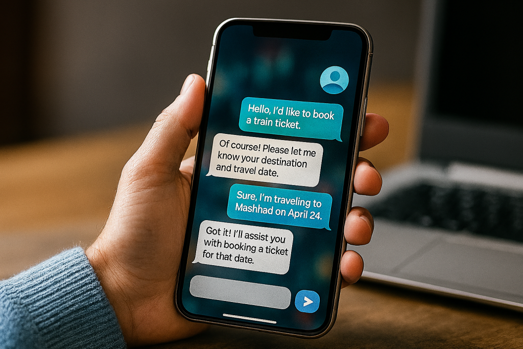 مشتری در حال استفاده از چت آنلاین پشتیبانی برای رزرو بلیط قطار، تعامل سریع و حرفه‌ای
