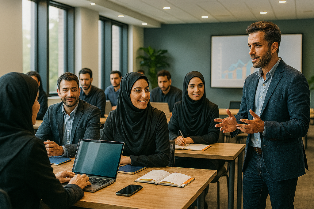 کلاسی مدرن و پرانرژی برای آموزش مهارت‌های مدیریت و بازاریابی، با حضور افراد متنوع، فضای روشن و الهام‌بخش، و تعامل واقعی بین مدرس و دانشجویان.