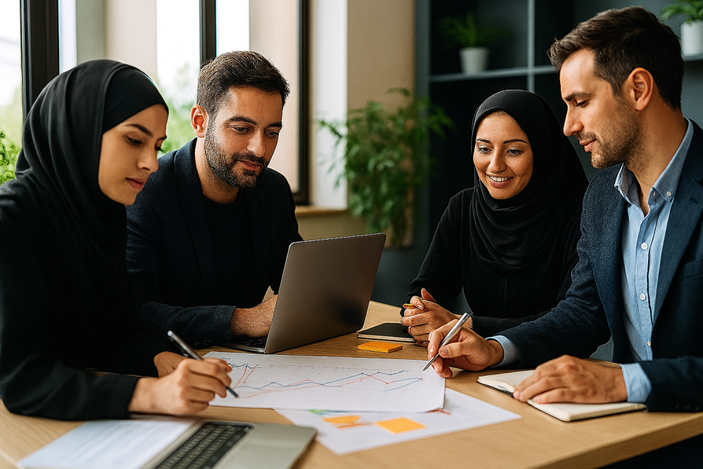 صحنه‌ای از همکاری گروهی کارآفرینان و دانشجویان کسب‌وکار، با فضای روشن، تعامل حرفه‌ای، و ابزارهای آموزشی مثل لپ‌تاپ، نمودار و یادداشت‌ها، همه در محیطی پویا و انگیزشی برای رشد مهارت‌های عملی

