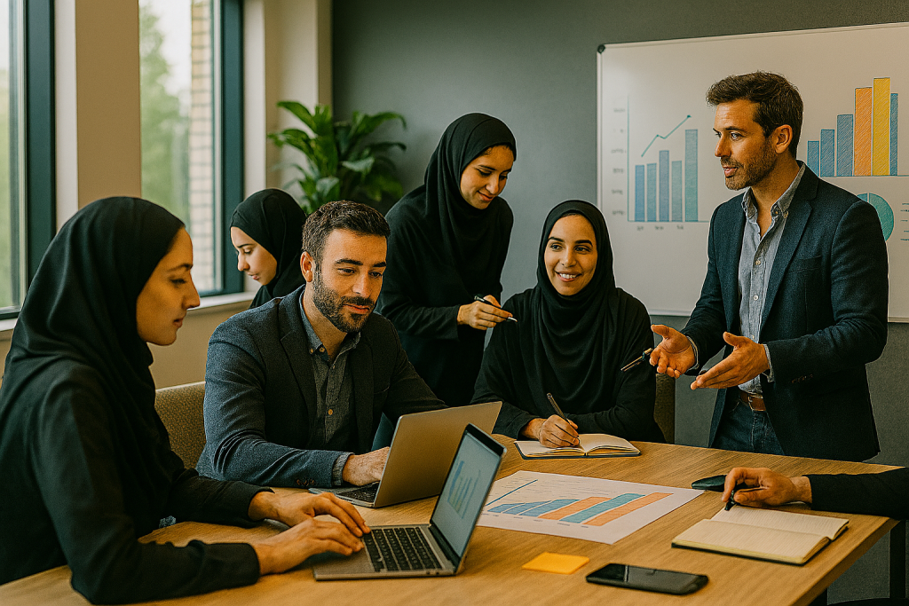 فضایی پویا و واقع‌گرایانه از یک محیط آموزشی مدرن برای استارتاپ‌ها، با تعامل حرفه‌ای بین افراد، ابزارهای دیجیتال متنوع، نور طبیعی و جزئیات دقیق که حس رشد و انگیزه را منتقل می‌کند