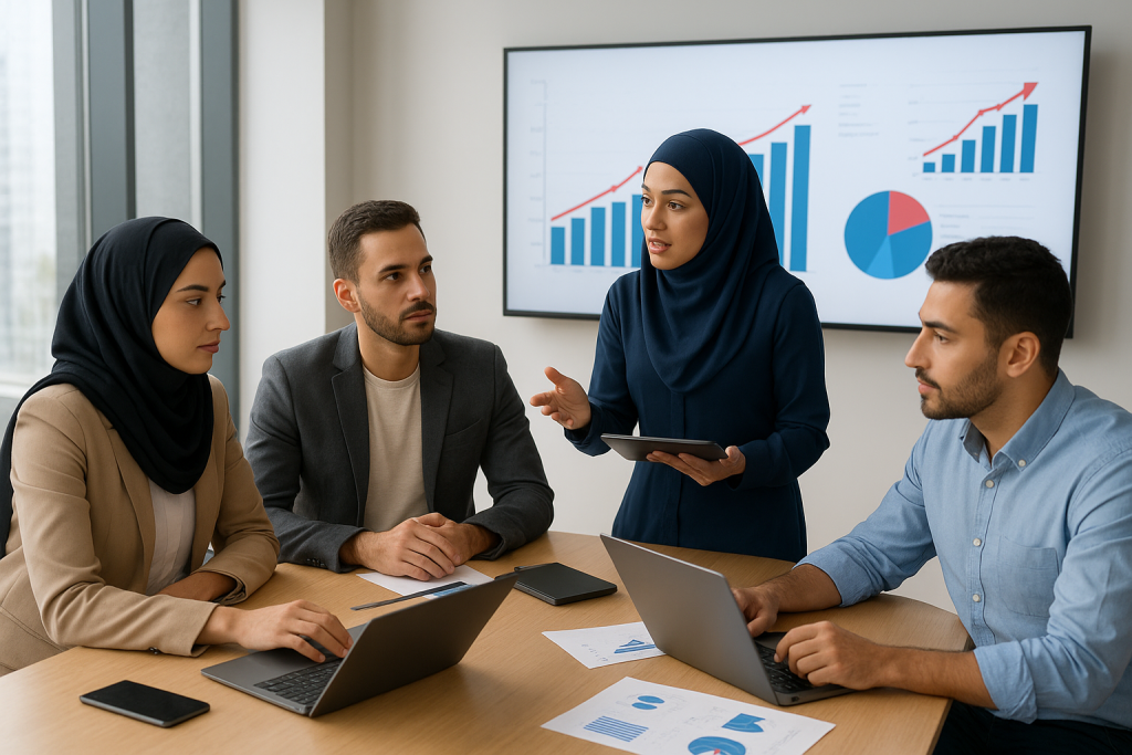 کار تیمی پیشرفته با ابزارهای دیجیتال و هوش مصنوعی،کارمندان دور میز جلسه،دو خانم و دواقا در حال تصمیم گیری در رابطه با توسعه کسب و کار