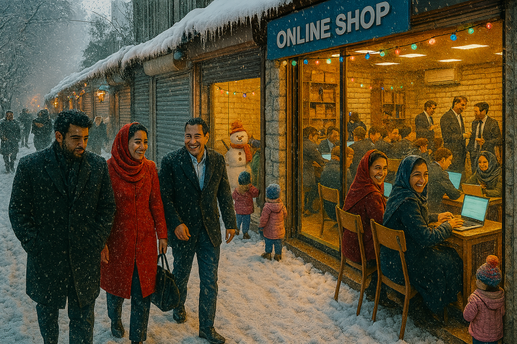 ترکیبی از سرمای زمستانی و گرمای کسبوکار دیجیتال،کارمندان در حال فعالیت های دیجیتال و مردم بیرون از شرکت در حال پیاده روی در برف