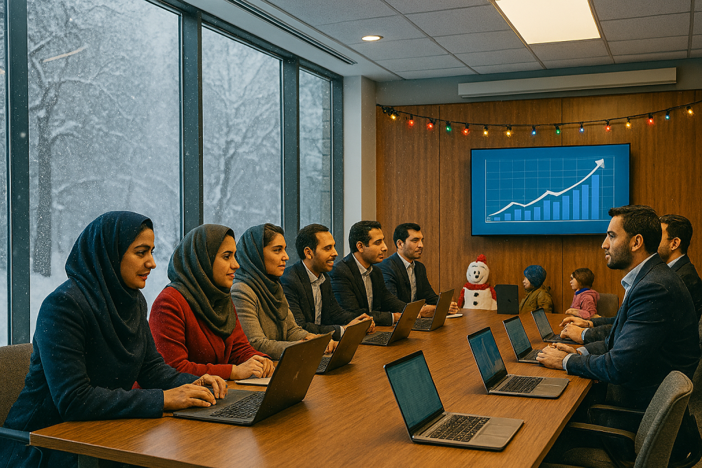 جلسه مدیریت بحران در یک شرکت ایرانی در یک اتاق کنفرانس مدرن با چشماندازی از بارش سنگین برف، تیمی از متخصصان ایرانی با پوشش رسمی در حال بررسی نمودار رشد دیجیتال هستند. فضای جلسه جدی، حرفهای و همراه با امید به آینده است