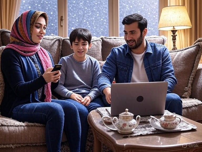 از یک خانواده ایرانی مدرن در خانهای گرم و صمیمی، در حالی که برف بیرون میبارد، با لپتاپ و گوشی به خرید آنلاین یا جلسه کاری ویدئویی مشغولاند. جزئیات: چای ایرانی روی میز، فضای دلپذیر و تضاد زیبا با سرمای بیرون.