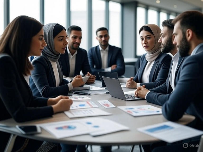 تصویری از یک اتاق مدیریتی مدرن ایرانی با پنجرههای بزرگ و نور طبیعی، تیمی حرفهای دور میز گرد هم نشستهاند.لپتاپ، نمودار و یادداشتهایی که تحلیل دادهها را نشان میدهند. تمرکز بر تعامل تیمی و تصمیمگیری جمعی در فضایی پویا و حرفهای.