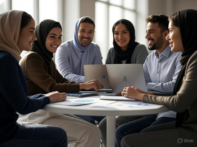 تصویری از یک اتاق مدرن و روشن با پنجره‌های بزرگ و نور طبیعی، تیم کسب‌وکار آنلاین ایرانی دور میز گرد نشسته‌اند.با لپ‌تاپ‌ها، نمودارهای دیجیتال و دفترچه‌های یادداشت روی میز. تمرکز بر تعامل تیمی، تصمیم‌گیری جمعی و انرژی مثبت، با رنگ‌های پویا و نورپردازی طبیعی.
