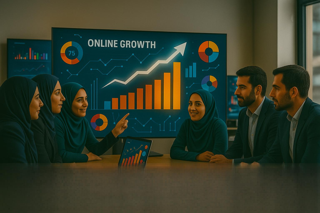 یک دفتر کاری مدرن، مدیر و اعضای تیم در کنار مانیتورهای بزرگ در حال بررسی داده‌های رشد آنلاین و تحلیل بازار هستند.کارمندان با تمرکز و تعامل حرفه‌ای به نمودارهای رنگی و گرافیک‌های دیجیتال نگاه می‌کنند. فضای کاری با نور طبیعی و طراحی مدرن، حس تکنولوژیک، تحلیل‌محور و آینده‌نگر را به‌خوبی منتقل می‌کند.

